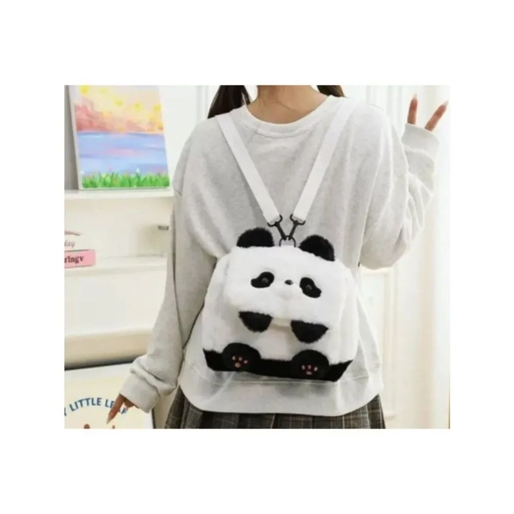 Plush Panda Bear Backpack Black White Convertible Shoulder Bag Faux Fur New
